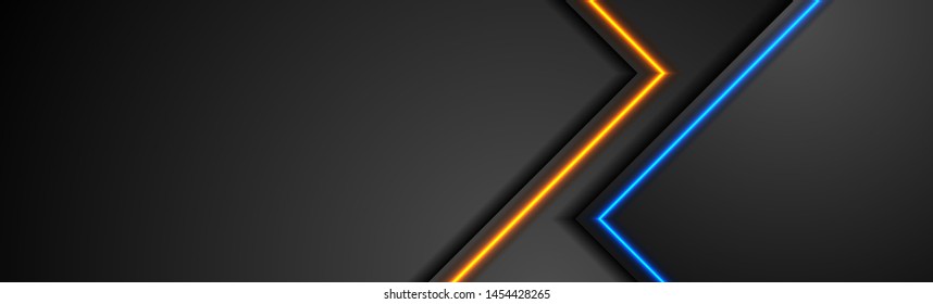 Black tech abstract banner design with blue and orange neon glowing light. Concept modern futuristic background. Vector illustration