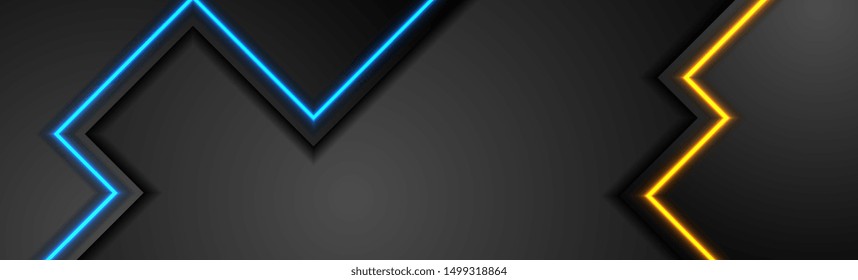 Diseño de banner abstracto de tecnología negra con luz brillante de neón azul y naranja. Concepto de fondo futurista moderno. Ilustración del vector