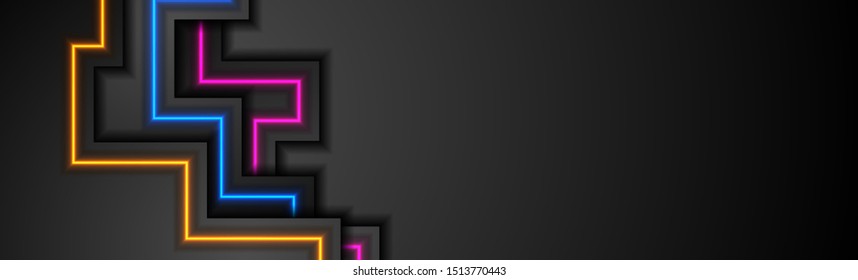Abstraktes Bannerdesign mit schwarzer Technik und buntem Neonlicht. Konzept der modernen futuristischen Hintergrund. Vektorgrafik