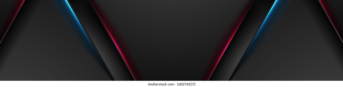 Black tech abstract banner design with blue and red neon laser lines. Glowing futuristic background. Vector illustration