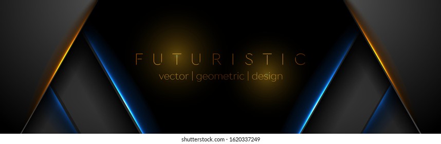 Black tech abstract banner design with blue and orange neon laser lines. Glowing futuristic background. Vector illustration