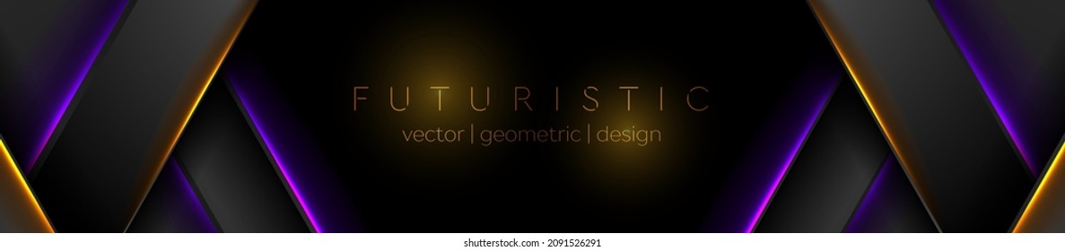 Black tech abstract banner design with violet and orange neon laser lines. Glowing futuristic background. Vector illustration