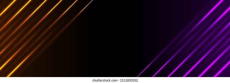 Diseño de pancartas con líneas láser de neón violeta y naranja. Un brillante fondo futurista. Ilustración del vector