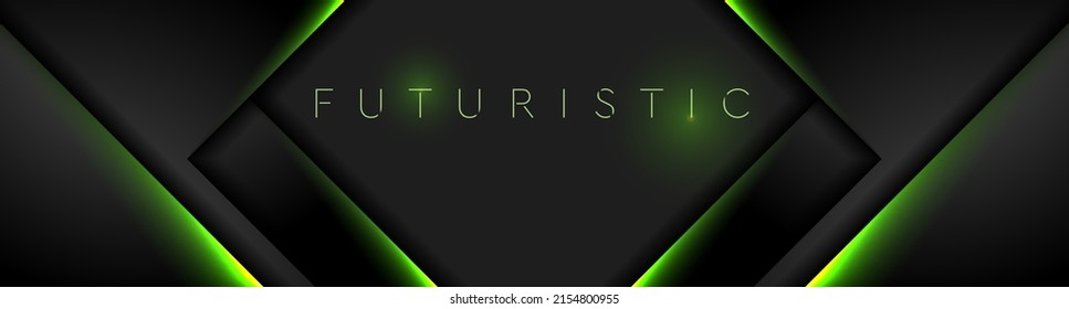 Black tech abstract banner design with green neon laser lines. Glowing futuristic background. Vector illustration