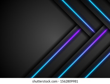 Abstraktes Schwarz-Tech-Grafikdesign mit blauen und violetten Neonlaserlinien. Glühender, moderner futuristischer Hintergrund. Vektorgrafik