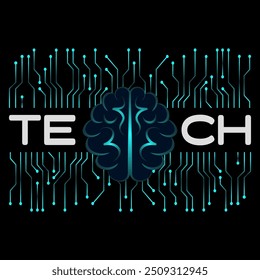 Black tech background with brain and printed circuit board. Electric chip.