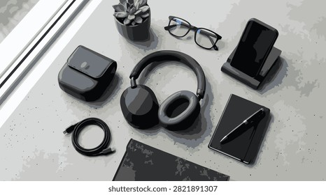 Black tech gadgets and office accessories arranged on a flat lay table surface
