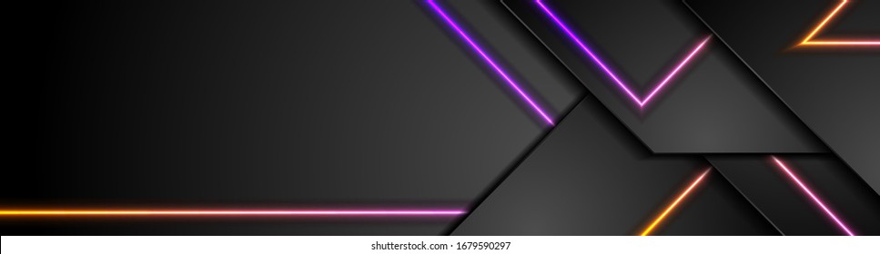 Black tech geometric abstract banner design with neon laser lines. Glowing modern futuristic background. Vector illustration