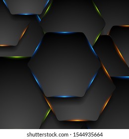 Black tech hexagons with colorful glowing lights abstract background. Vector neon geometric design