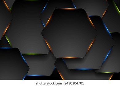 Black tech hexagons with colorful glowing lights abstract background. Vector neon geometric design