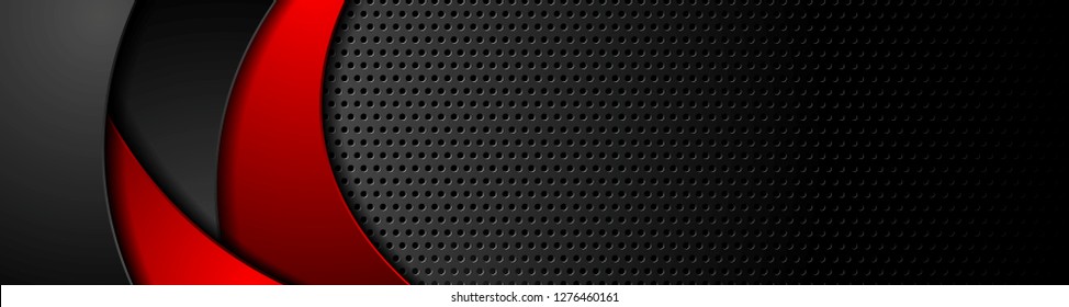 Black tech perforated banner design with red corporate waves. Vector background