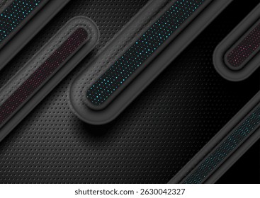 Black tech perforated texture abstract background with smooth stripes and bright dots. Vector futuristic design