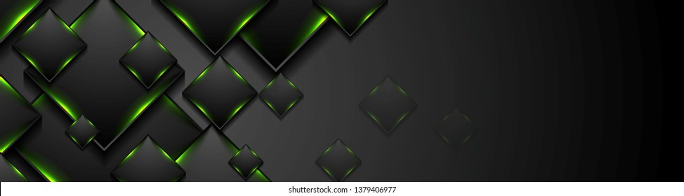 Black Tech Squares With Green Glowing Neon Light Abstract Banner Design. Vector Background