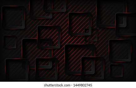 Black tech squares with red glowing neon light abstract background. Texture with geometric pattern and overlap layer. Modern technology background.