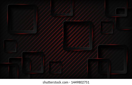 Black tech squares with red glowing neon light abstract background. Texture with geometric pattern and overlap layer. Modern technology background.