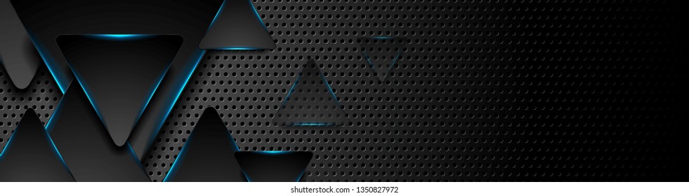 Triángulos tecnológicos negros con diseño de banner abstracto de neón brillante azul. Fondo del vector