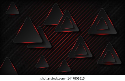 Black tech triangles with red glowing neon light abstract background. Texture with geometric pattern and overlap layer. Modern technology background. 
