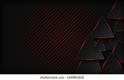 Black tech triangles with red glowing neon light abstract background. Texture with geometric pattern and overlap layer. Modern technology background. 