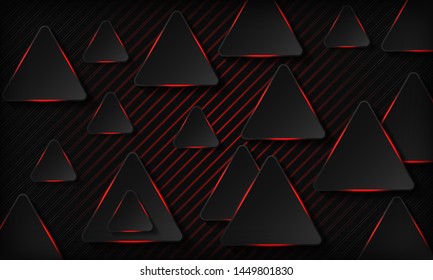Black tech triangles with red glowing neon light abstract background. Texture with geometric pattern and overlap layer. Modern technology background. 