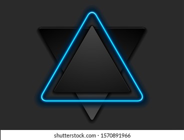 Triángulos de tecnología negra con fondo abstracto de luz de neón brillante azul. Diseño vectorial geométrico