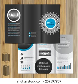 Black technical brochure template design with cogwheel. Cover layout