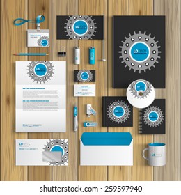 Black technical corporate identity template design with cogwheel. Business stationery