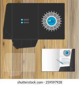 Black technical folder template design for corporate identity with cogwheel. Stationery set