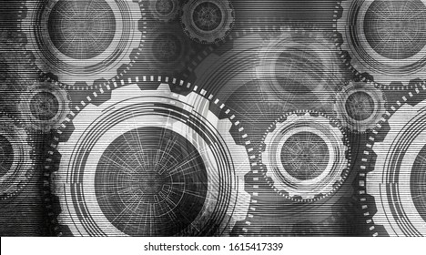 Black Technical Gears wheel and Cock on Dark Gray steel Background,vector