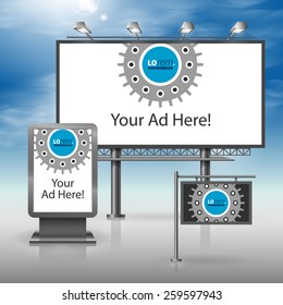 Black technical outdoor advertising design for corporate identity with cogwheel. Stationery set