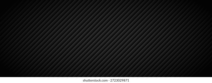 Schwarzer technischer gestreifter Hintergrund. Abstrakte diagonale Linienstruktur. Technische Carbon Stripe Design Tapete. Konzept der geometrischen Isolationswand. Dunkle geneigte lineare Abdeckung Hintergrund.