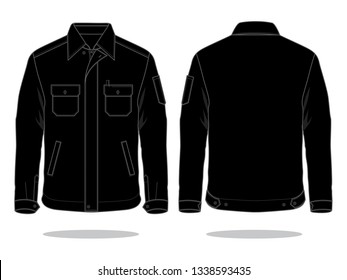 Black Technician Jacket with Multi Pockets and Pen Holder, Hidden Placket Zip Template on White Background.Front And Back View.