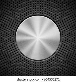 Black technology background with circle perforated pattern, bevels and metal circular polished brushed texture. Vector illustration.