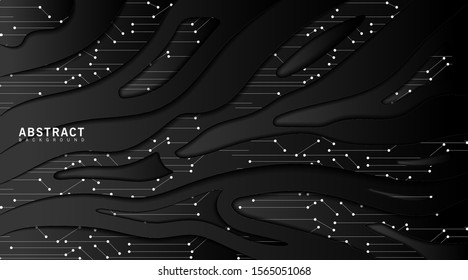 Black technology background. Decoration of realistic abstract textured paper pieces with wavy layers and dots and connecting lines. Vector