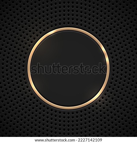 Black technology background with gold metal ring and circle grate perforated pattern for design concepts, wallpapers, web, presentations, prints. Vector illustration.