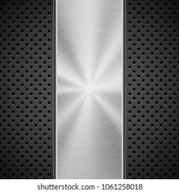 Black technology background with grate perforated pattern and circular polished, brushed concentric metal texture, chrome, steel, silver. Vector illustration.
