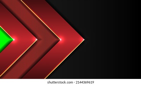 Black technology background with high contrast red and shine green button. Abstract tech graphic banner design, Glowing vector corporate design.