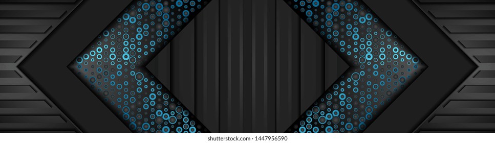 Black technology banner header with striped texture and blue dots pattern. Abstract futuristic geometric background. Vector design