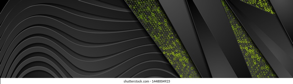 Black technology banner header with waves texture and green dots pattern. Papercut composition. Abstract futuristic corporate background. Vector design