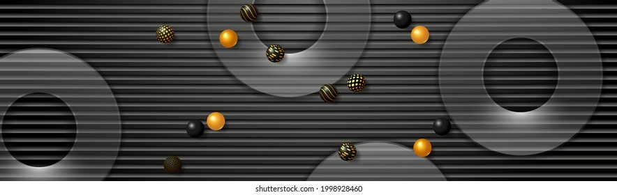 Banner de tecnología negra. Fondo texturizado negro, paneles redondos transparentes y esferas pequeñas