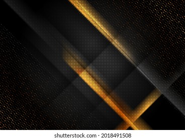 Black technology geometric background with golden dots. Vector design