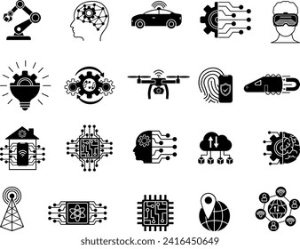 Iconos de tecnología negra. Iconos vectores de geolocalización, realidad virtual, cadena de bloqueo, Internet de las cosas, robótica, auto autónomo, inteligencia artificial y otros