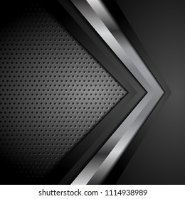 Black technology perforated background with metallic arrow. Vector design