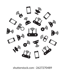 Black Technology Silhouettes Clipart – Devices, Network Signals, Digital Tools, Tech Icon Vector Set

