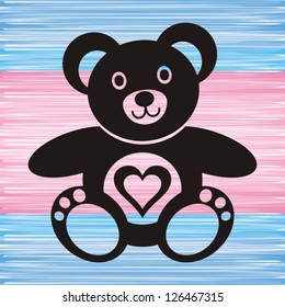 black teddy bear with heart on blue and pink background