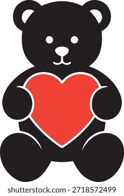 Oso de peluche negro que sostiene un corazón rojo con contorno blanco y detalles sobre fondo blanco oso negro