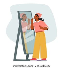 Black Teenage Girl Character Stands Before Her Mirror, Carefully Applying Lipstick, Her Reflection Illuminated By Soft Light, Focusing On Perfecting Her Pout. Cartoon People Vector Illustration svg