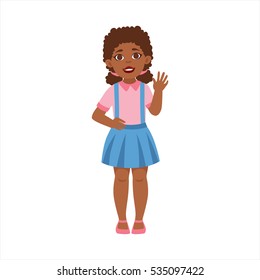 Black Teenage Girl Waving, Part Of Growing Stages With Kids In Different Age Vector Set