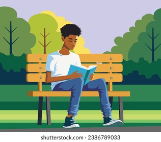 Black teenager reading a book at the park vector illustration