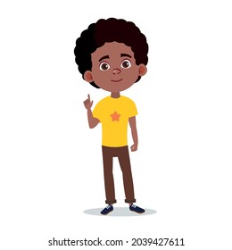 Black teenager reminding or giving advice. Cartoon African American guy with his index finger raised up