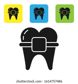 Black Teeth with braces icon isolated on white background. Alignment of bite of teeth, dental row with with braces. Dental concept. Set icons colorful square buttons. Vector Illustration